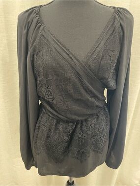Black Lace Surplice Blouse With Lace Detail